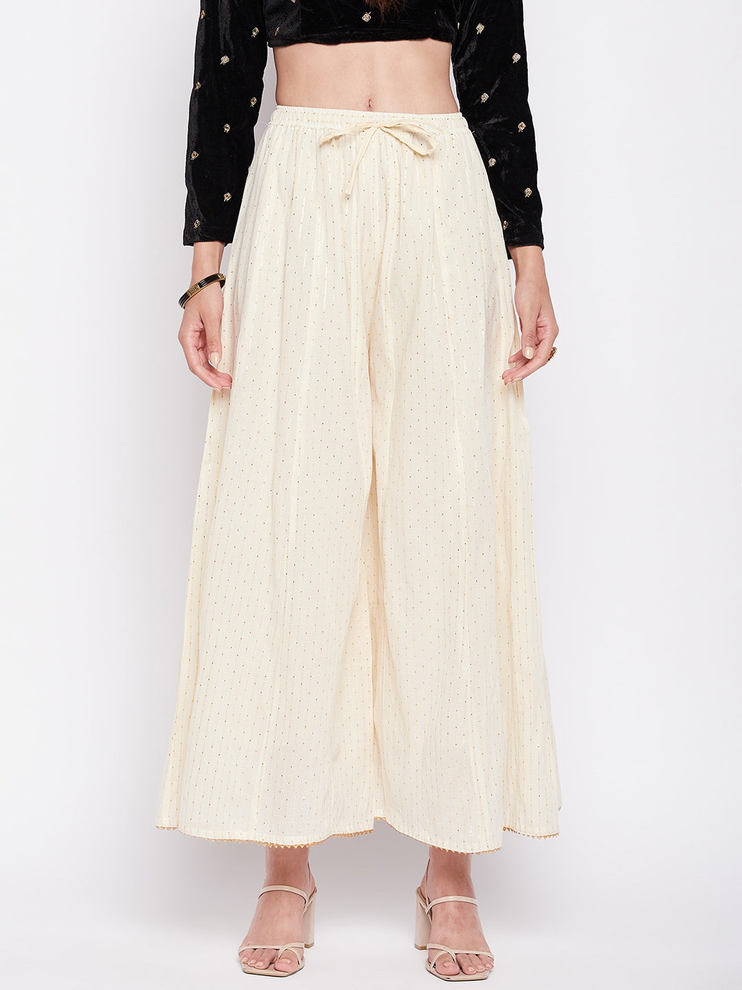 Off-White Lurex Embellished Cotton Sharara with elasticated waistband and flared hem.