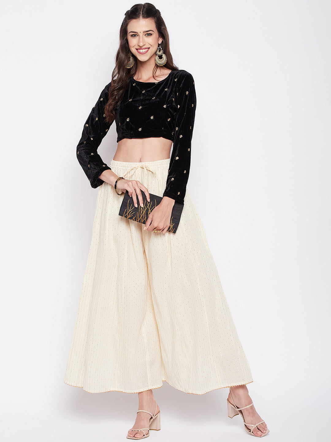 Off-White Golden Lurex Embellished Cotton Sharara with elastic waistband and flared hem.