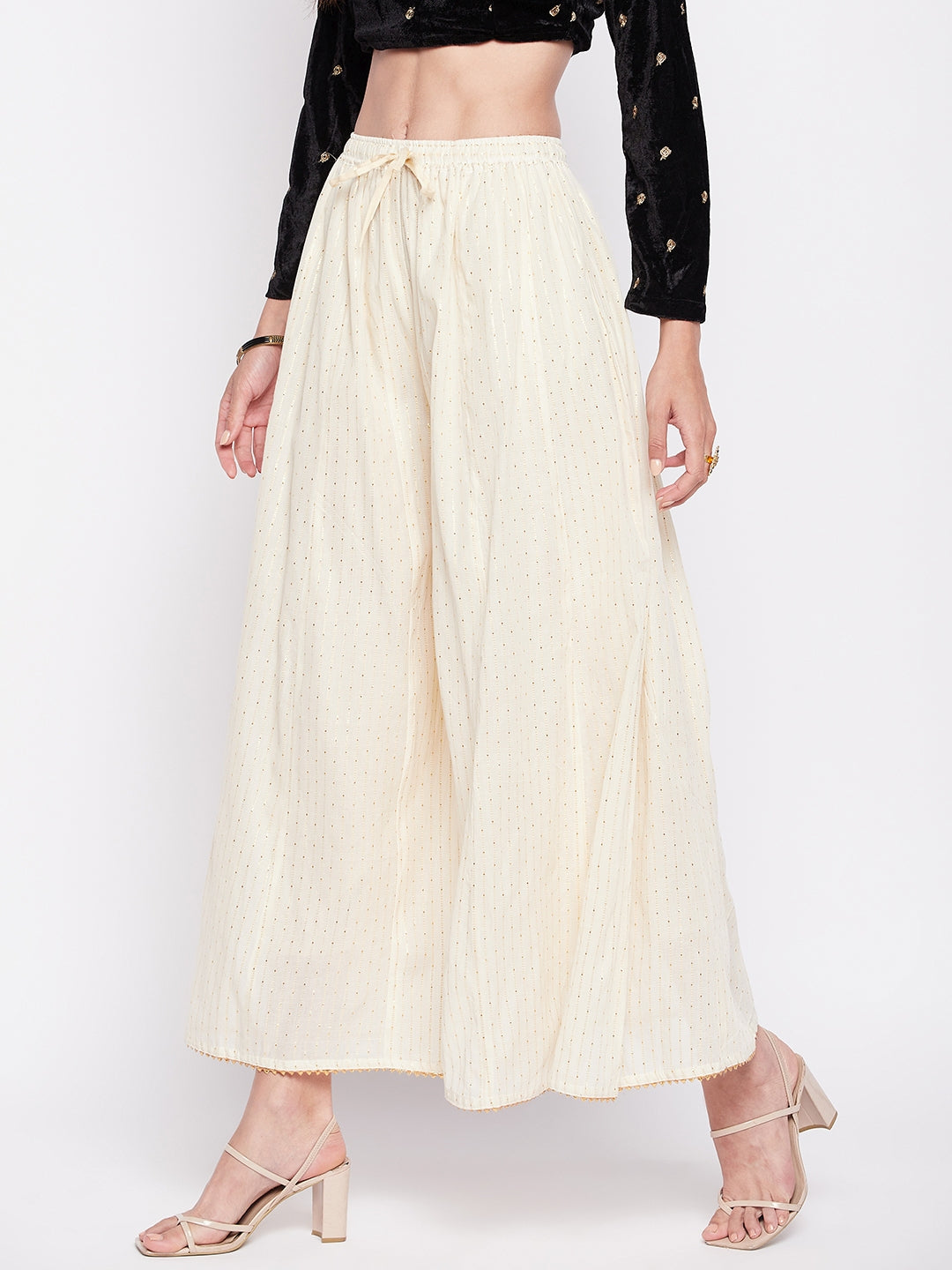 Off-White Golden Lurex Embellished Cotton Sharara with elastic waistband and flared hem.