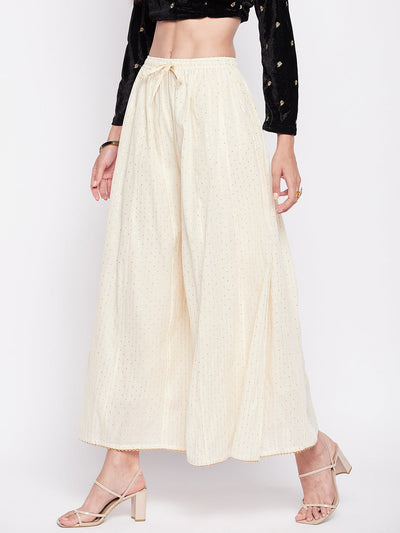 Off-White Golden Lurex Embellished Cotton Sharara with elastic waistband and flared hem.