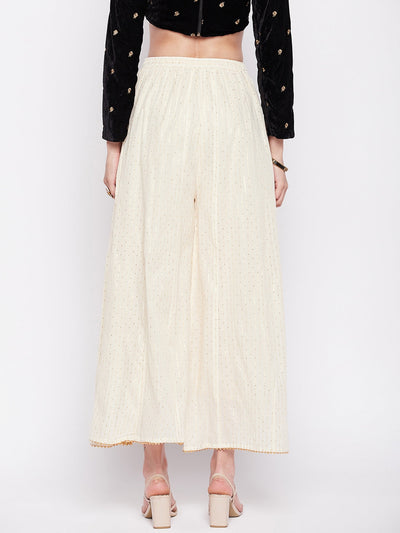 Off-White Golden Lurex Embellished Cotton Sharara with flared hem.