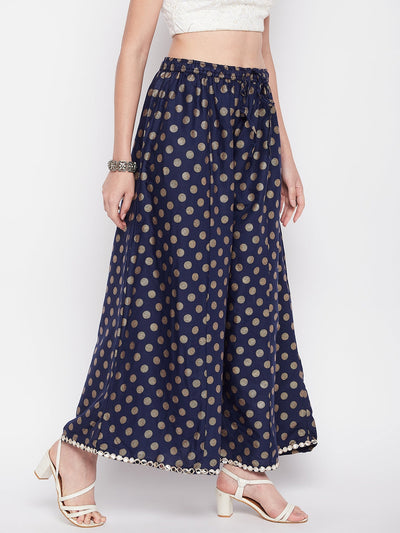 Navy Blue Polka Dot Embellished Hem Rayon Sharara with Elasticated Waistband