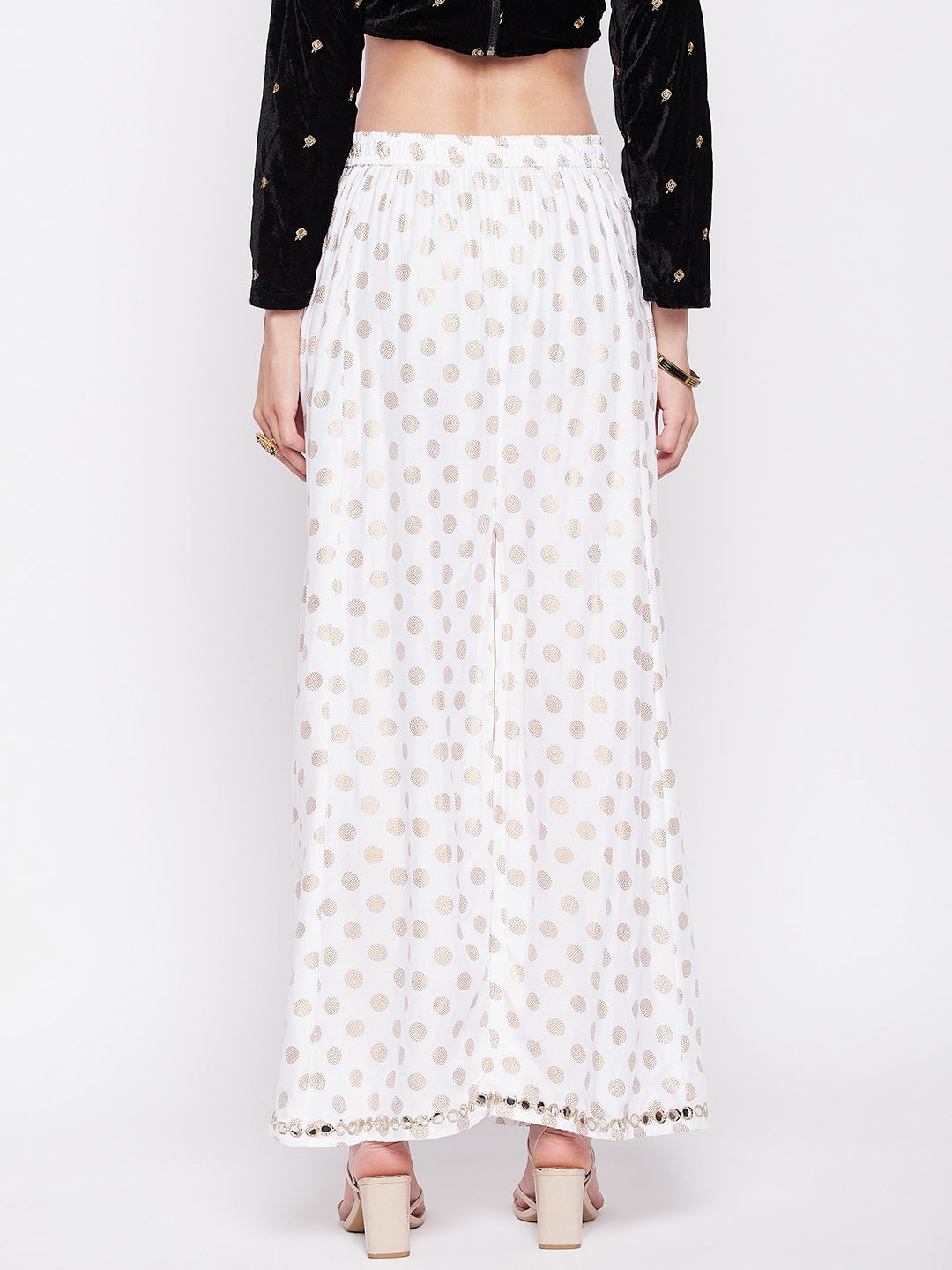 White polka dot embellished hem rayon sharara with elasticated waistband and drawstring.