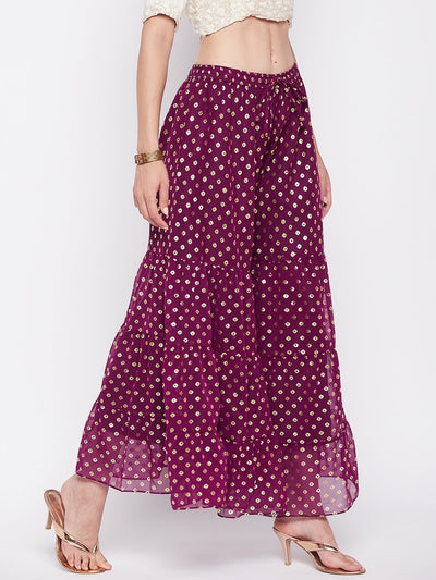 Wine Foil Printed Georgette Gharara with flared hem and elasticated waistband.