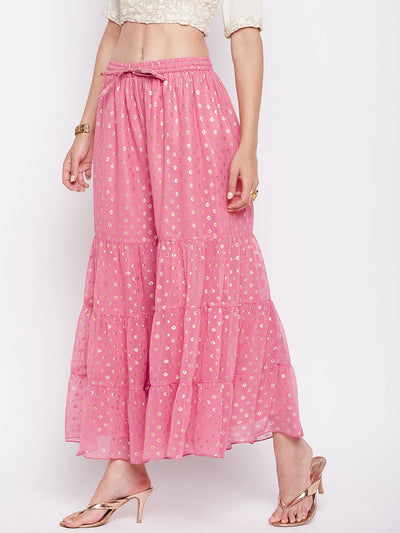 Pink foil printed georgette gharara with flared hem and elasticated waistband.