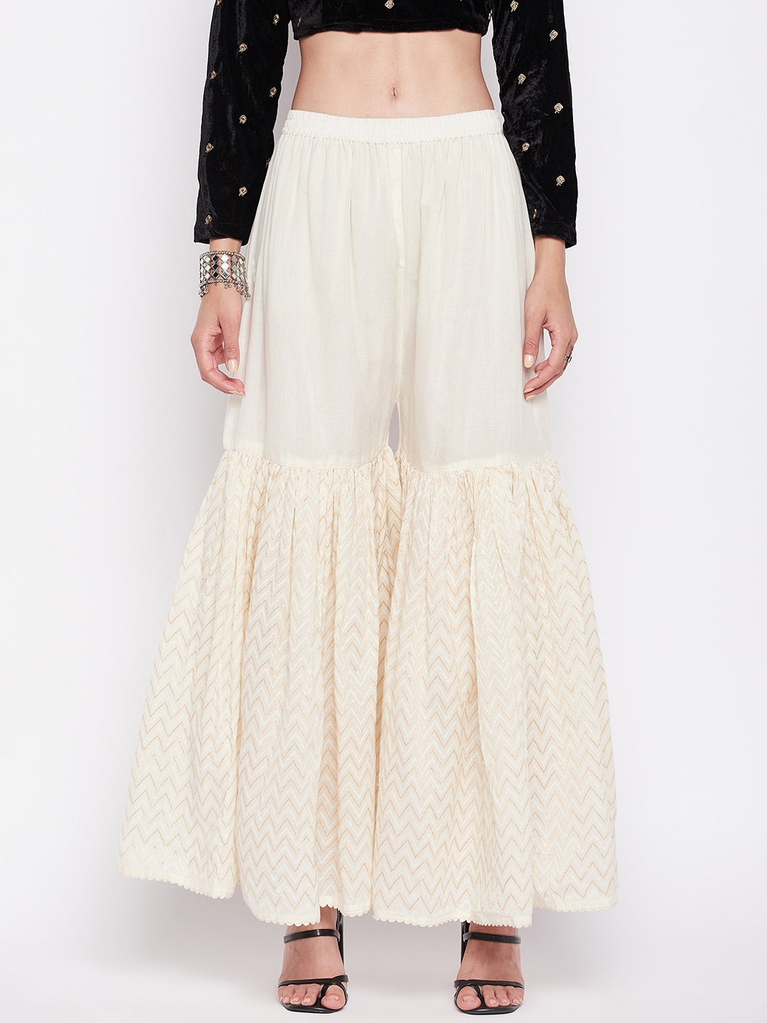 Off-White Self Design Cotton Gharara with Elasticated Waistband and Drawstring.