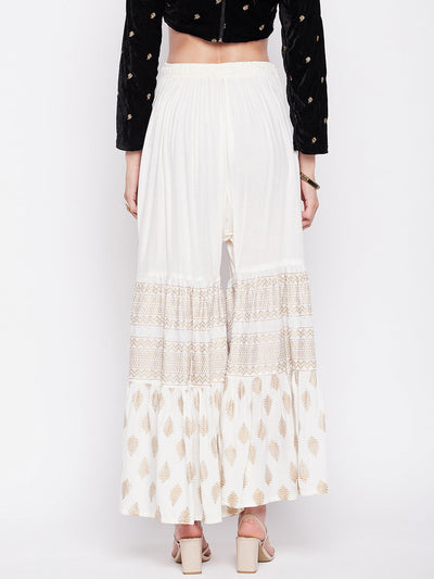 Off-White Printed Rayon Flared Gharara with Elasticated Waistband and Drawstring.