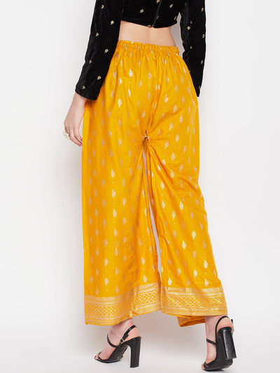 Mustard printed straight palazzo with elasticated waistband and drawstring.