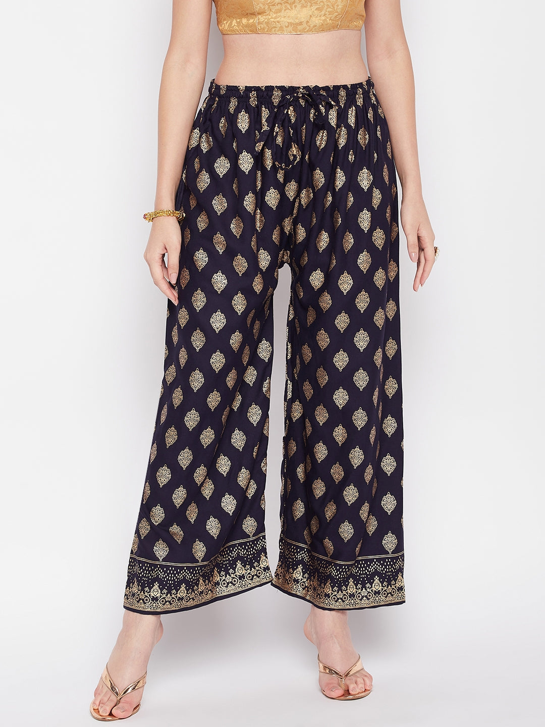 Navy Blue Printed Rayon Straight Palazzo with Elasticated Waistband and Drawstring.