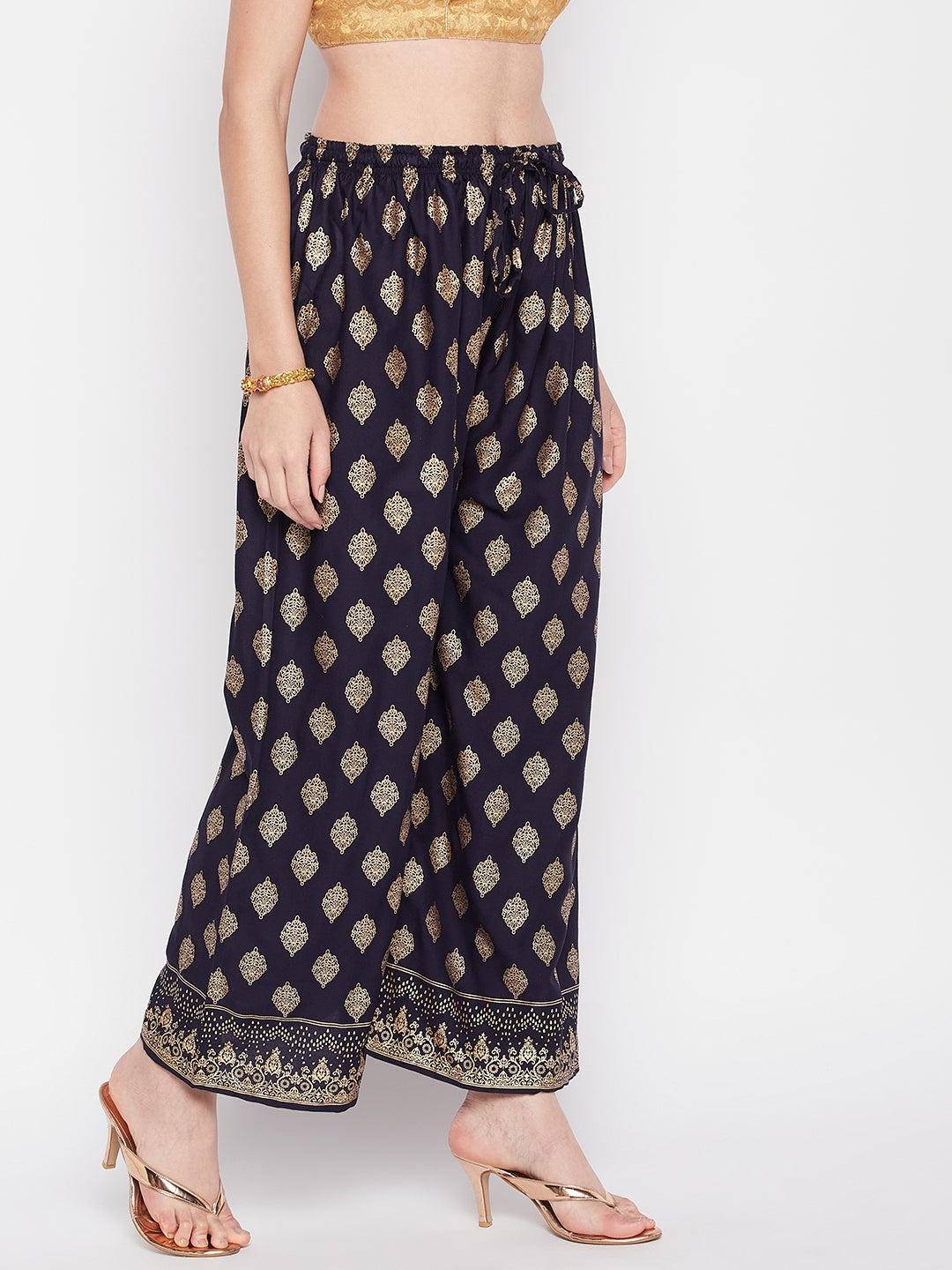 Navy Blue Printed Rayon Straight Palazzo with Elasticated Waistband and Drawstring.