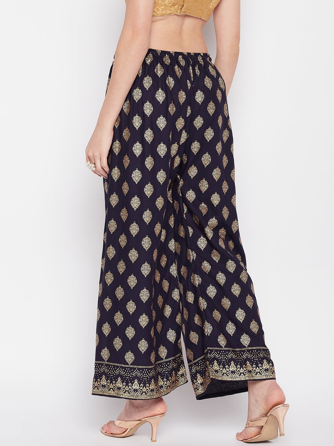 Navy Blue Printed Rayon Straight Palazzo with Elastic Waistband and Drawstring