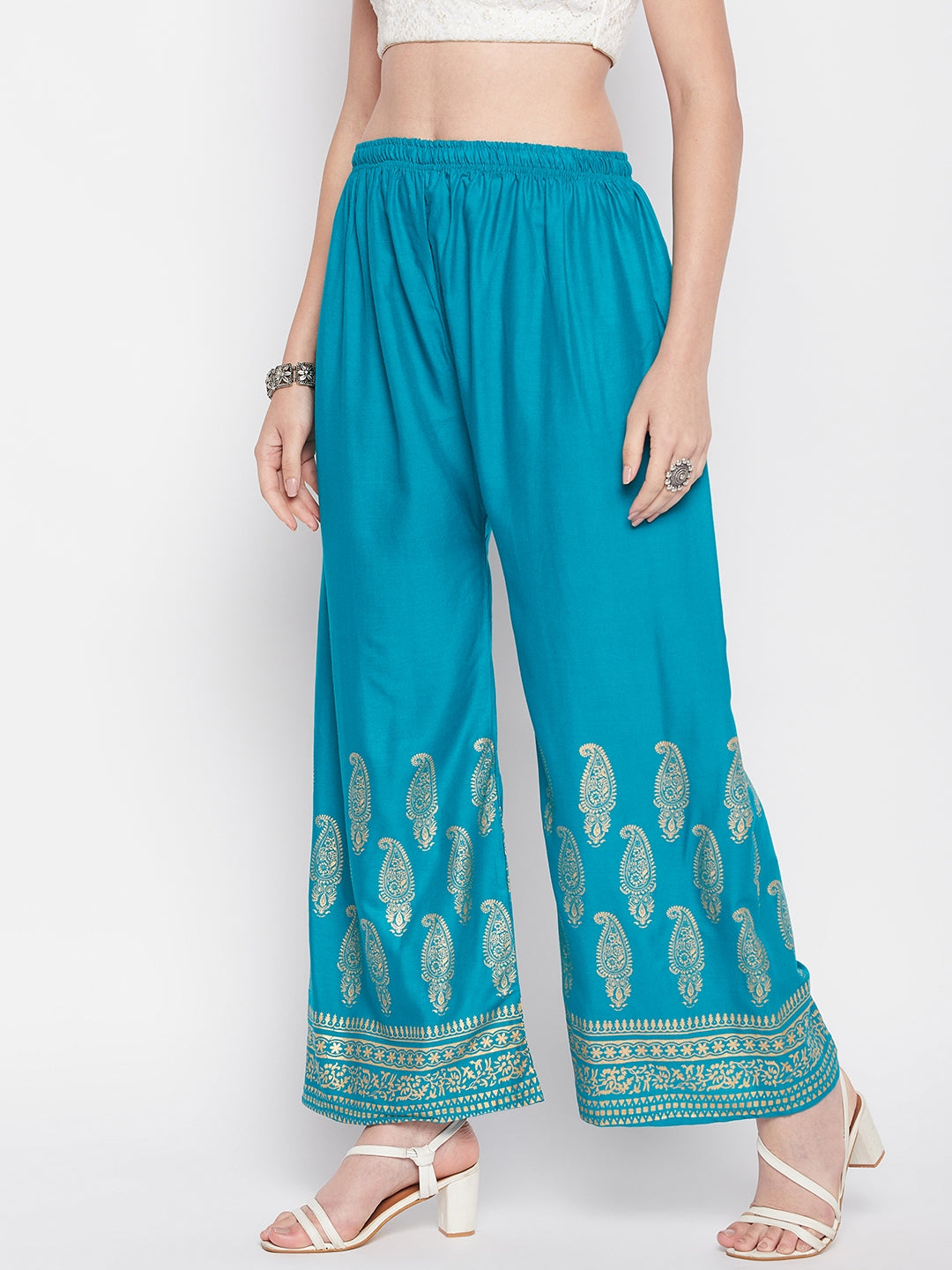 Rama green hem design straight palazzo with elasticated waistband and drawstring.