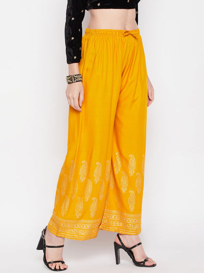 Mustard hem design straight palazzo with elastic waistband and drawstring.