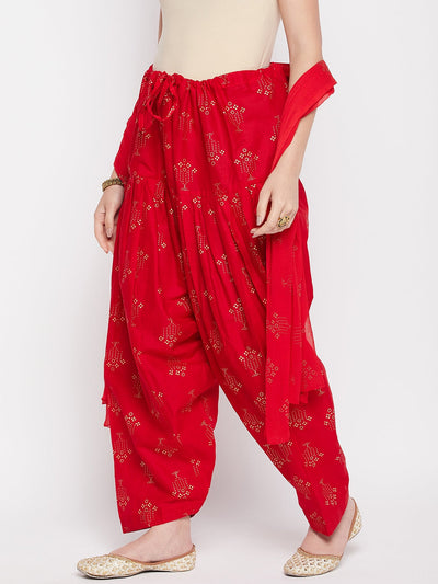 Red printed cotton salwar and dupatta with drawstring waistband.