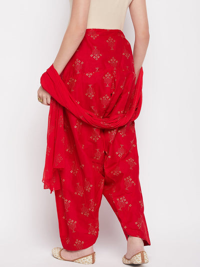 Red printed cotton salwar and dupatta with drawstring waistband.