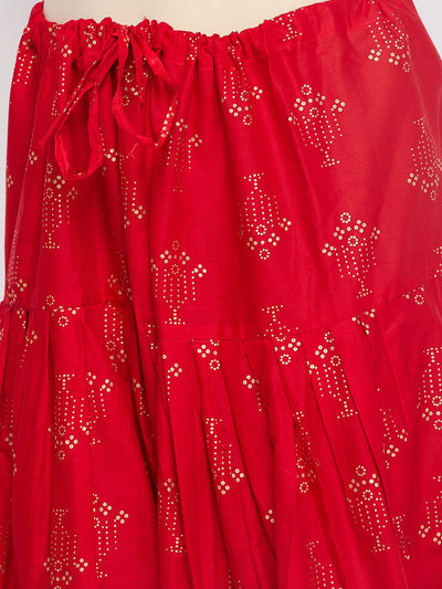 Red printed cotton salwar with drawstring waistband and matching chiffon dupatta.