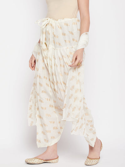 Off-white printed cotton salwar with chiffon dupatta and drawstring waistband.