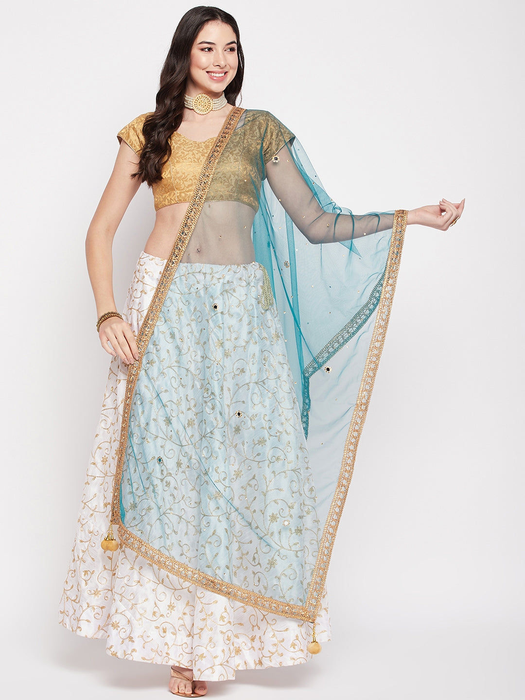 Peacock Blue Gotta Patti Net Dupatta with sequinned ethnic motifs and embellished border.