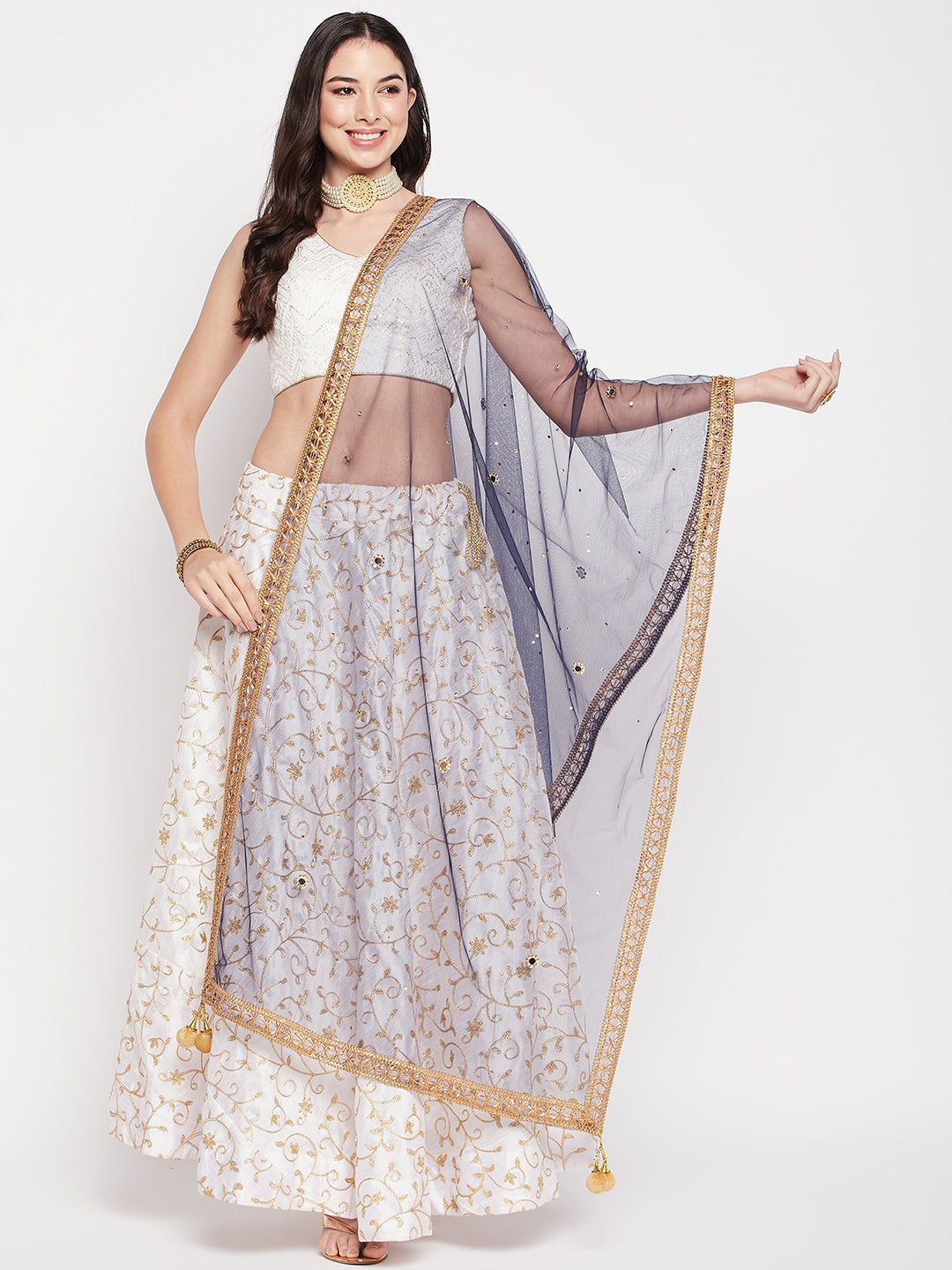 Navy Blue Gotta Patti Net Dupatta with Sequinned Embellished Border