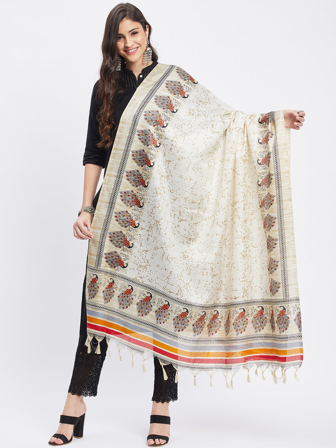 Maroon printed silk blend dupatta with tasselled border.