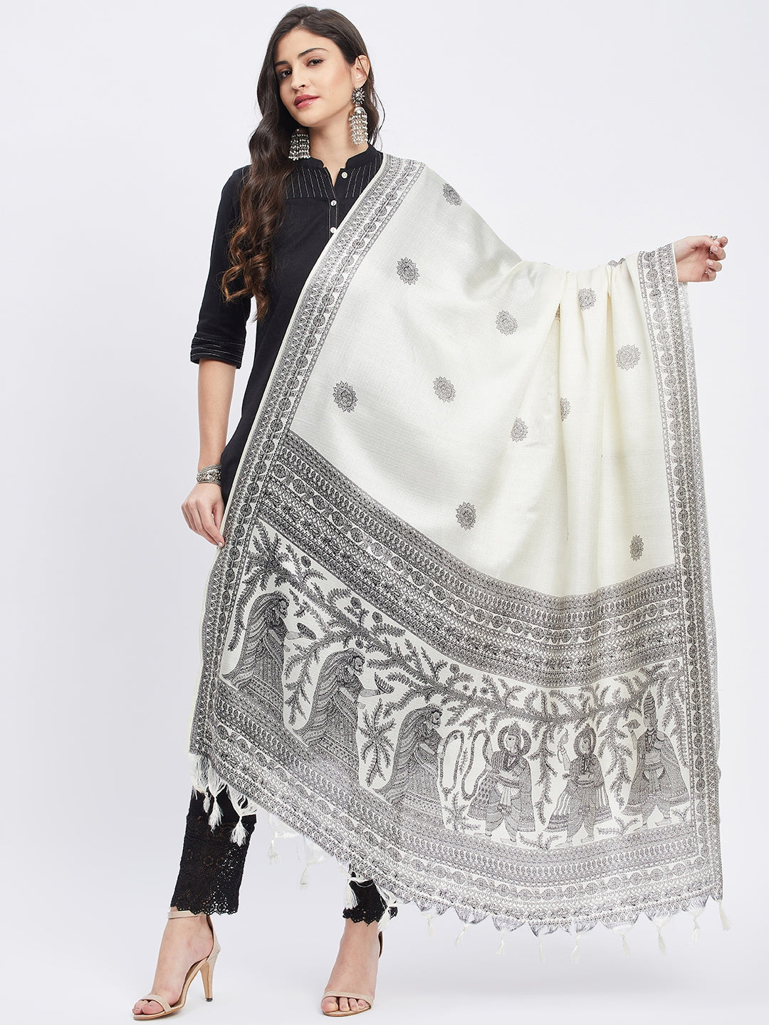 Black & White Printed Silk Blend Dupatta