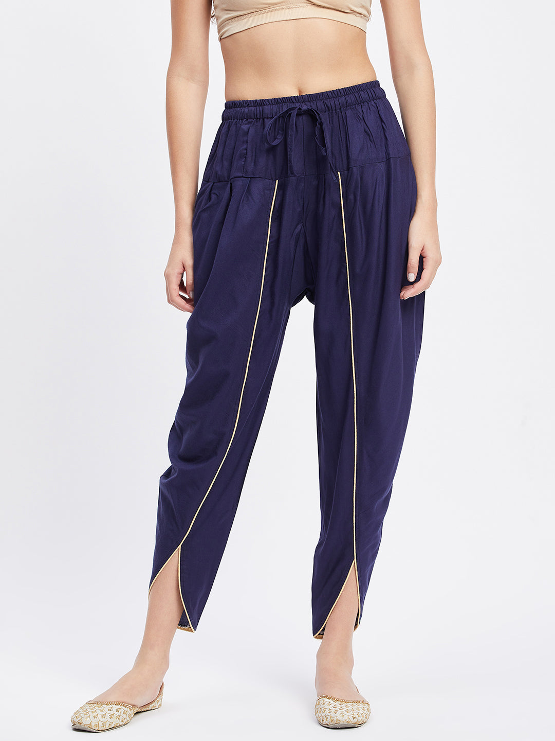 Navy Blue Solid Rayon Tulip Pant with Elasticated Waistband and Side Pocket