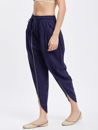 Navy Blue Solid Rayon Tulip Pant with elastic waistband and drawstring.