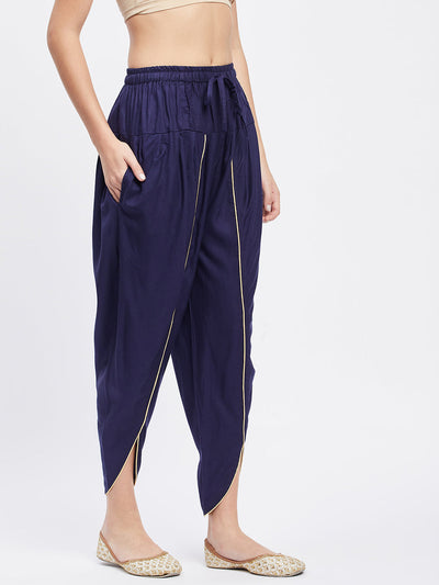 Navy Blue Solid Rayon Tulip Pant with drawstring waist and side pocket.