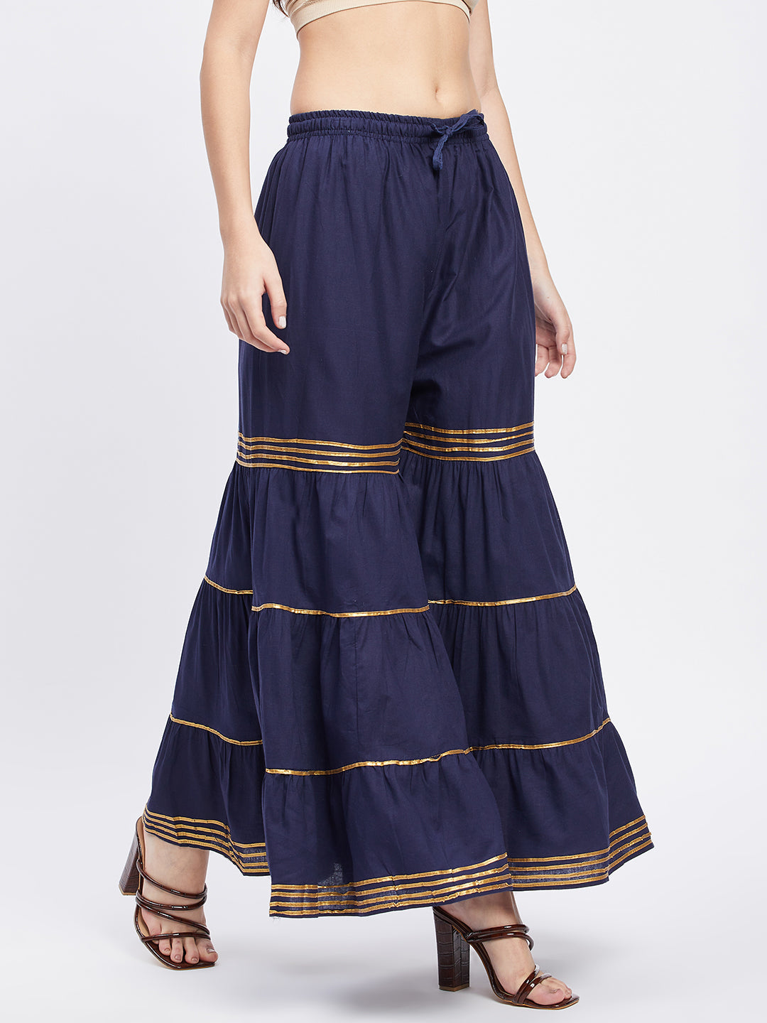 Navy Blue Cotton Gharara with Gotta Patti detailing and elasticated waistband.