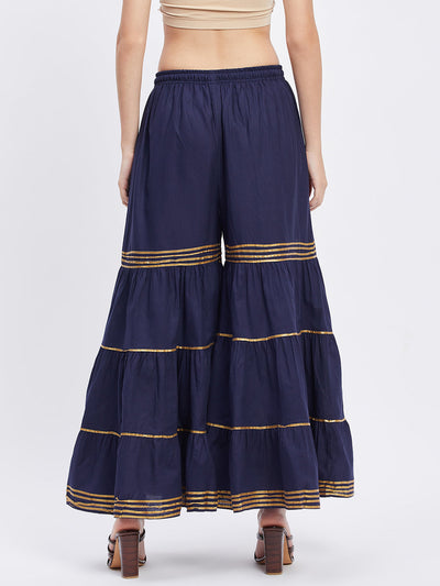 Navy blue cotton Gharara with Gotta Patti detailing and elasticated waistband.