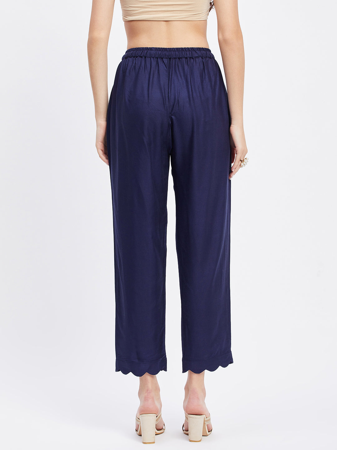 Navy Blue Solid Rayon Straight Palazzo with elastic waistband and pocket.