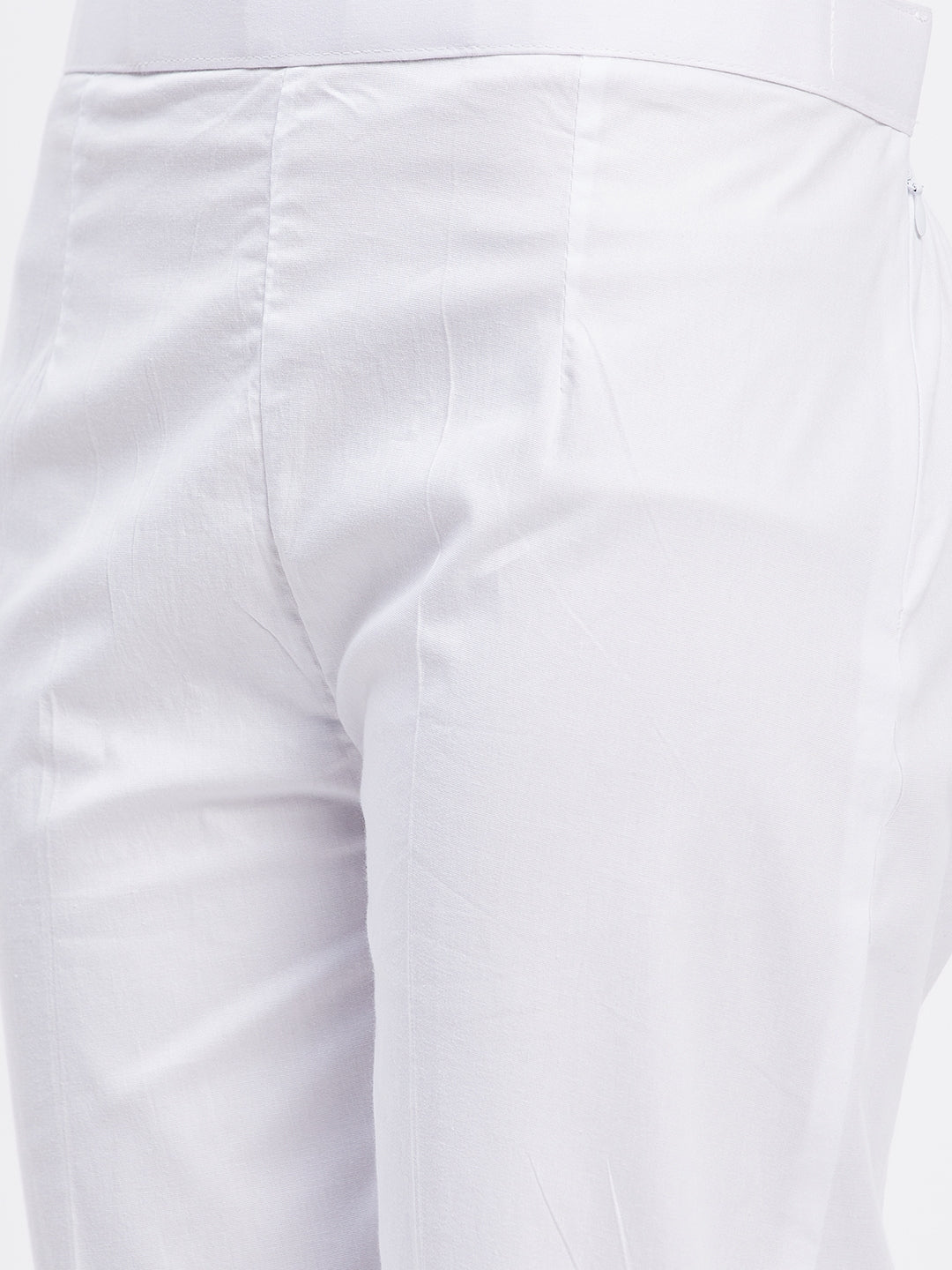 White solid hem design straight trousers with elasticated waistband and zip closure.