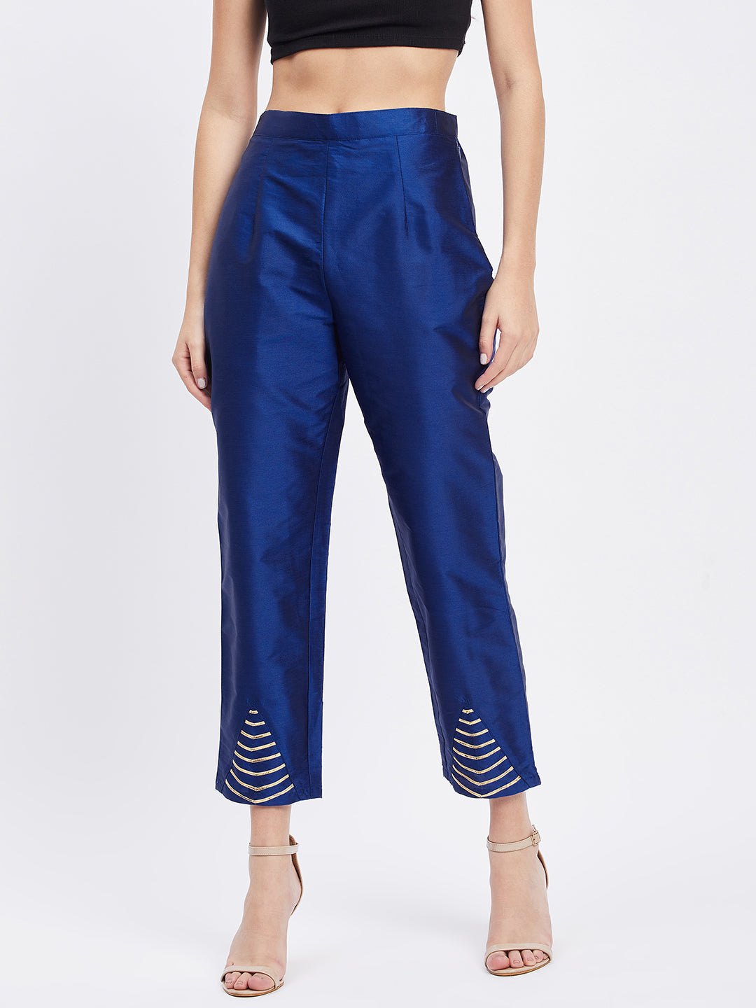 Royal Blue Embellished Taffeta Silk Trouser with elastic waistband and pocket.