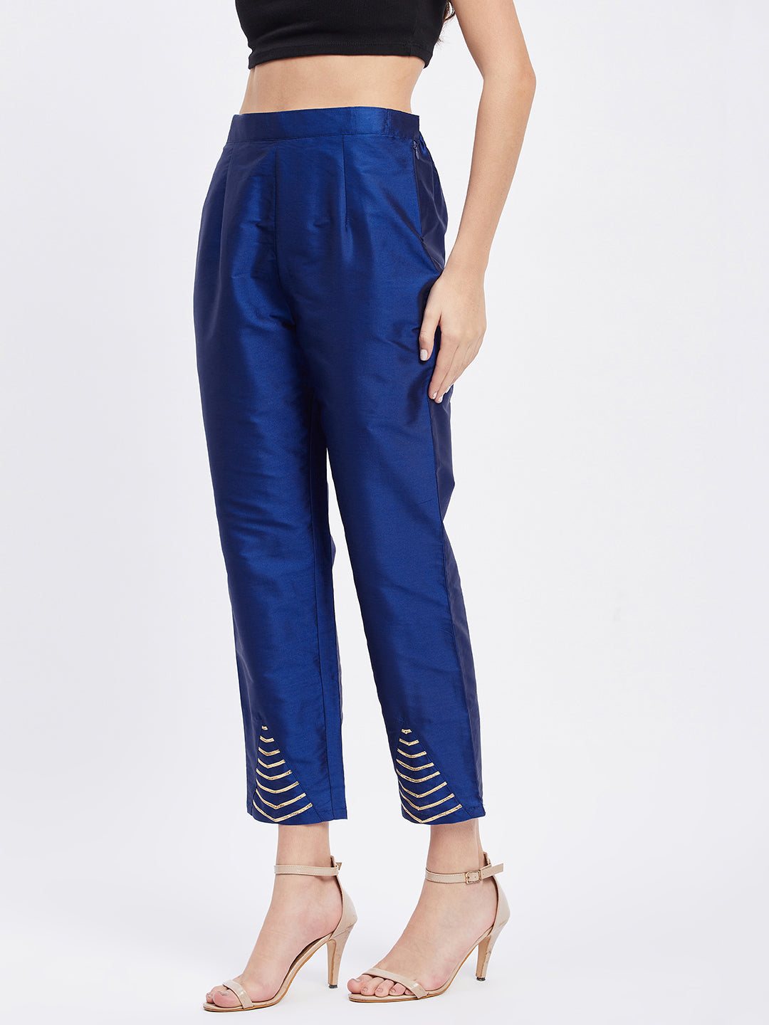 Royal Blue Embellished Taffeta Silk Trouser with elasticated waistband and pocket.