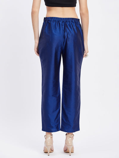 Royal Blue Embellished Taffeta Silk Trouser with elasticated waistband and pocket.