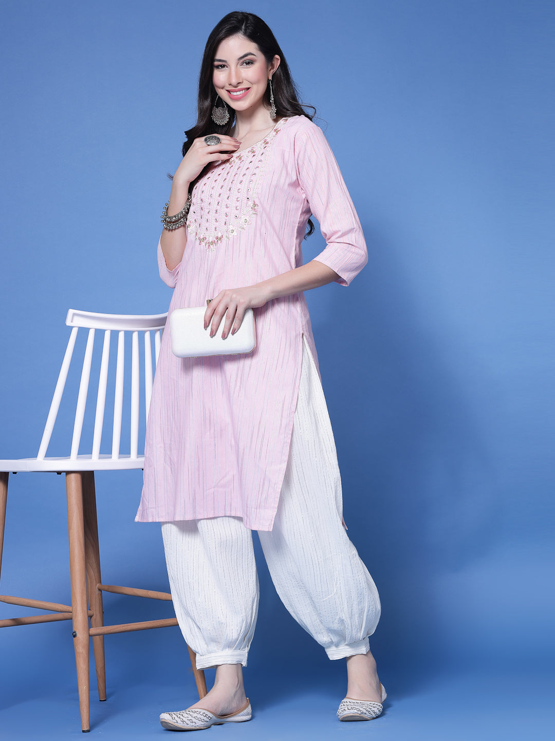 White Self Design Loose Fit Afghani Salwar