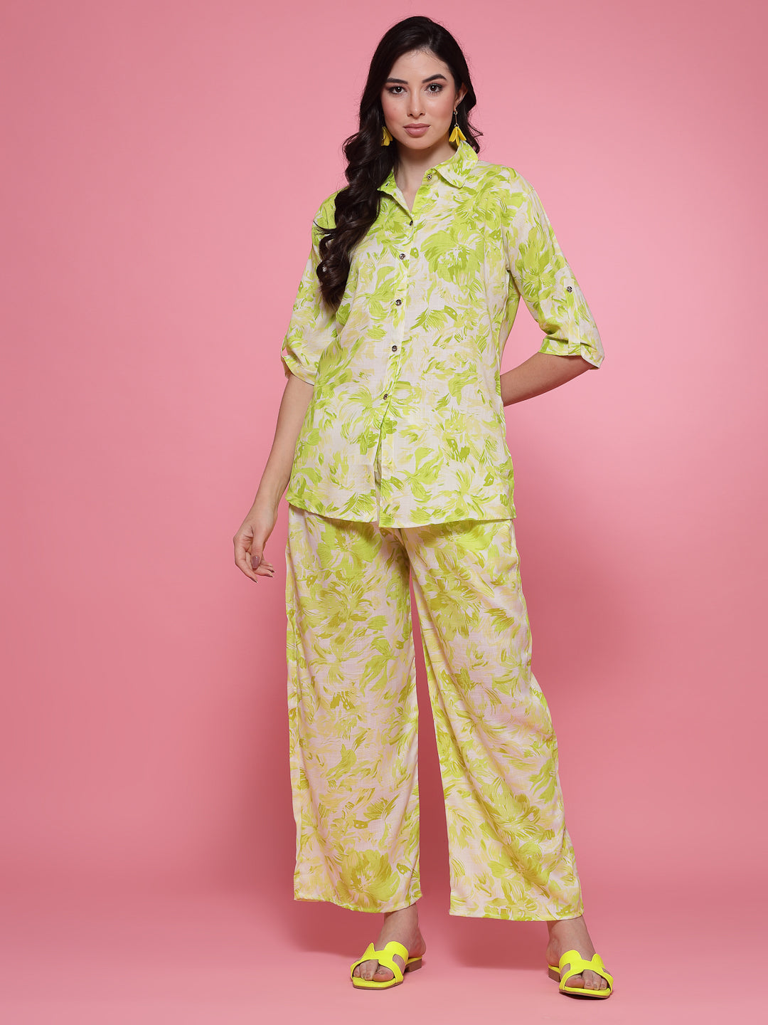 Parrot green printed shirt with three-quarter sleeves and palazzo trousers co-ord set.