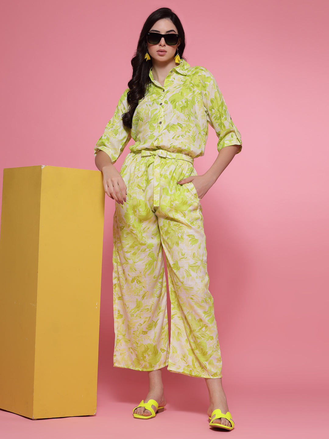 Parrot Green Printed Shirt Collar Shirt with Trousers Co-Ord Set