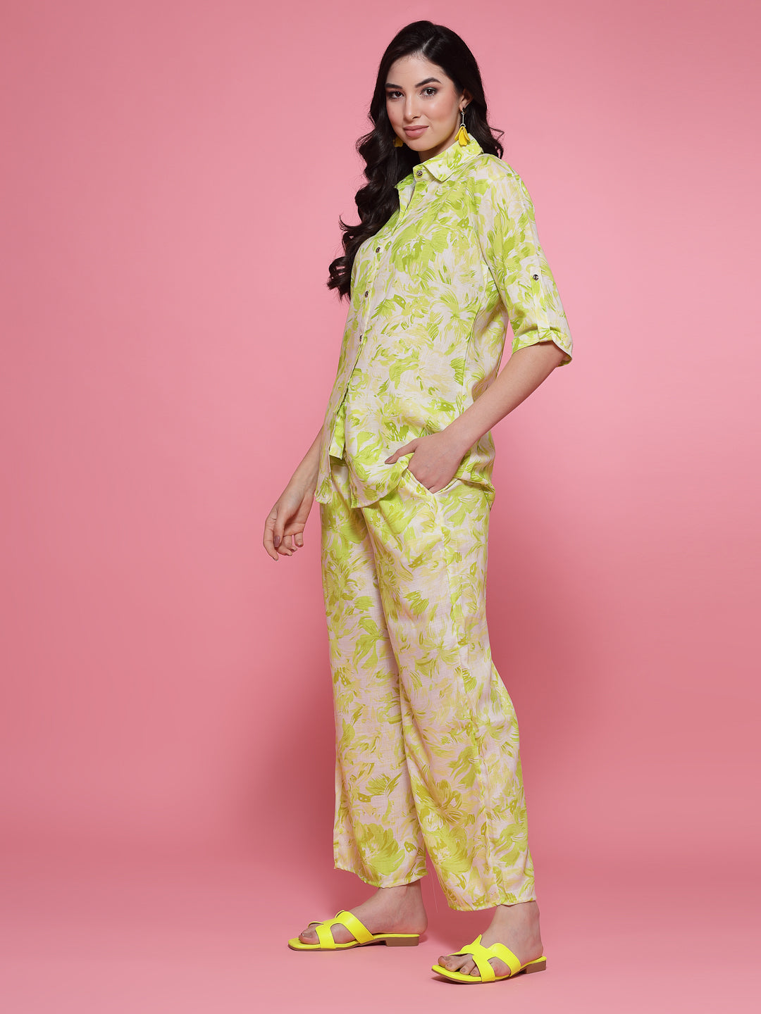 Parrot Green Printed Shirt Collar Shirt with Trousers Co-Ord Set