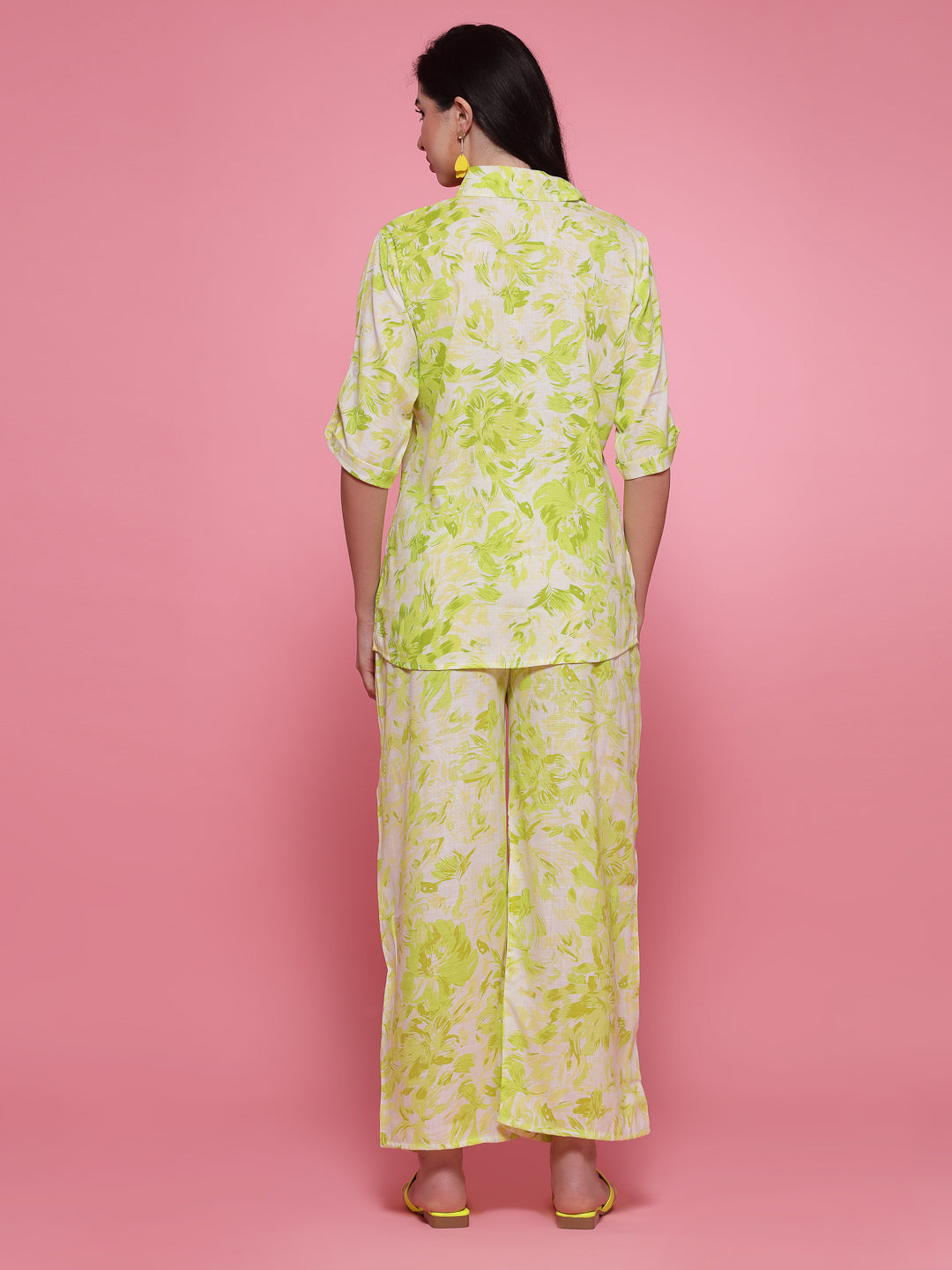 Parrot Green Printed Shirt Collar Shirt with Trousers Co-Ord Set