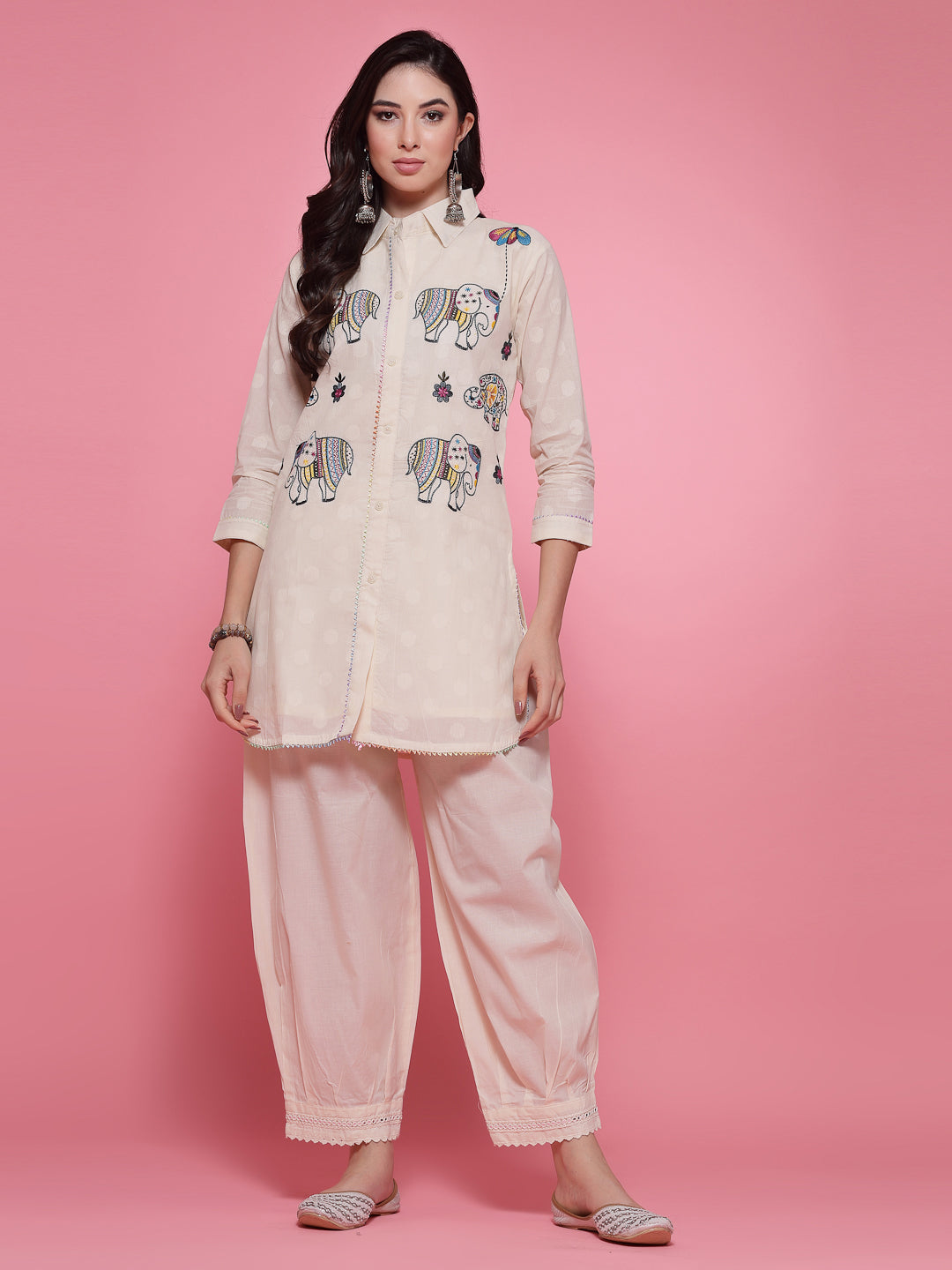 Off-White Elephant Embroidered Kurta with Afghani Salwar Co-ord