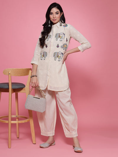 Off-White Elephant Embroidered Kurta with Afghani Salwar Co-ord