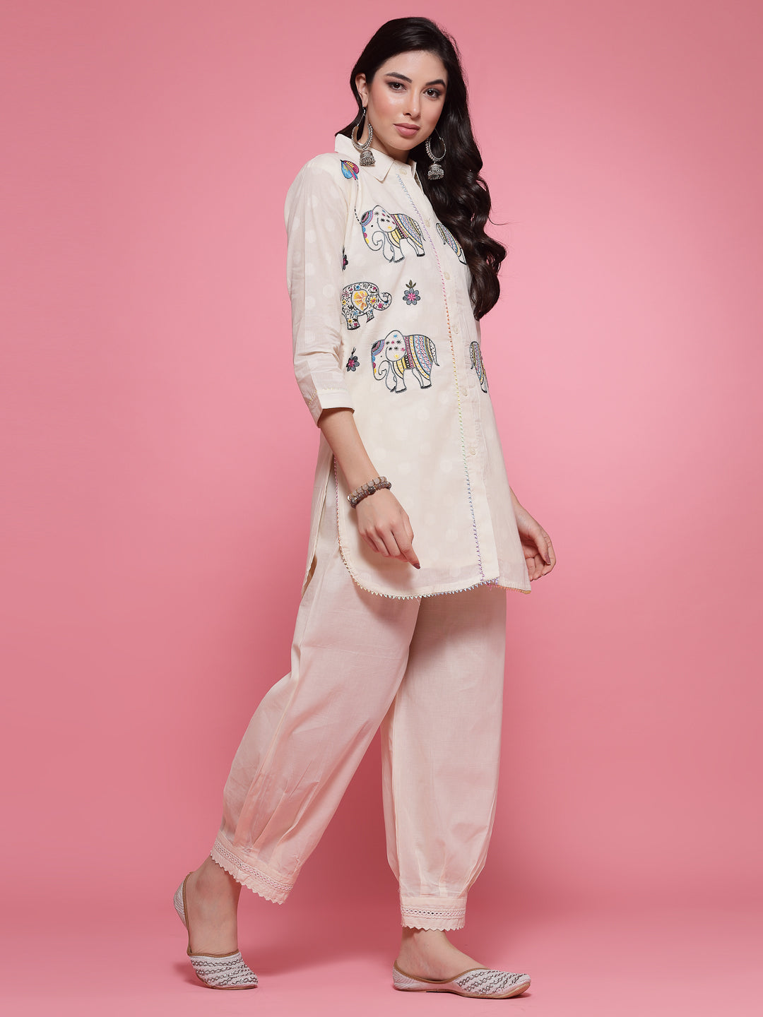 Off-White Elephant Embroidered Kurta with Afghani Salwar Co-ord