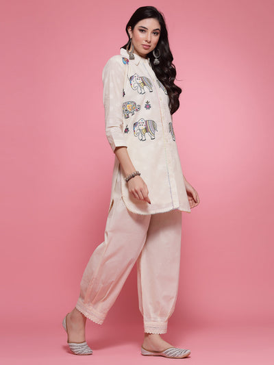 Off-White Elephant Embroidered Kurta with Afghani Salwar Co-ord