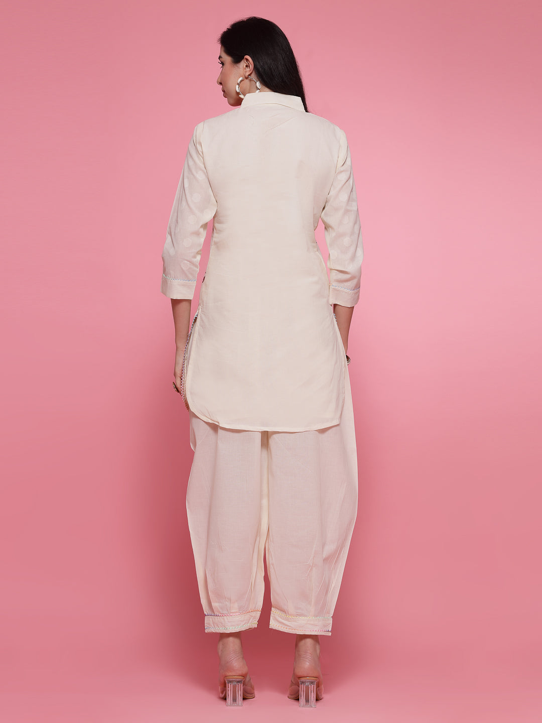 -Off-White printed shirt with Afghani salwar co-ord set, embroidery detailing.