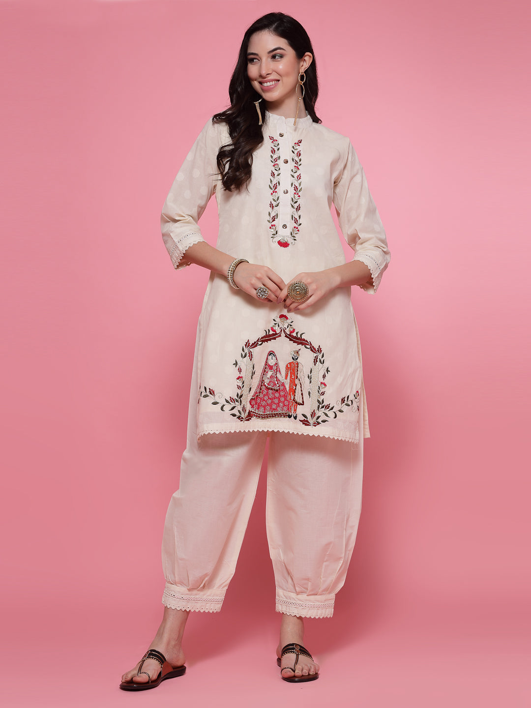 Off-White Collar Neck Kurta with Afghani Salwar Co-ord