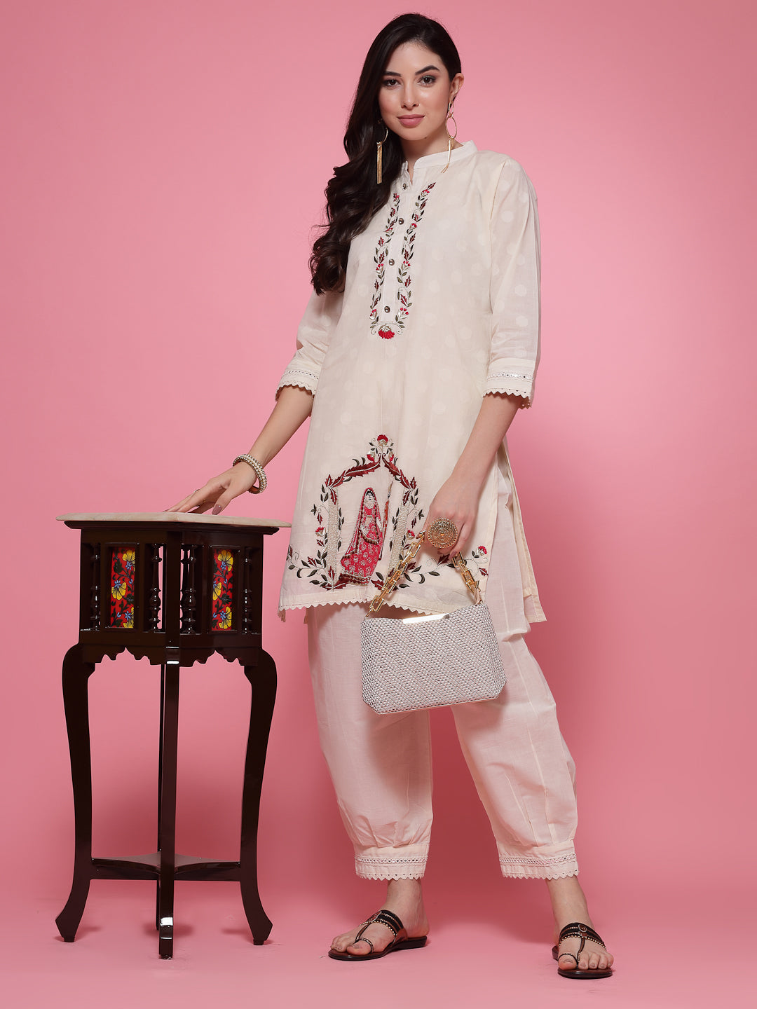 Off-White Collar Neck Kurta with Afghani Salwar Co-ord