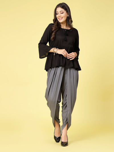 Women wearing gray solid rayon dhoti salwar with pleated detail and elastic waistband.