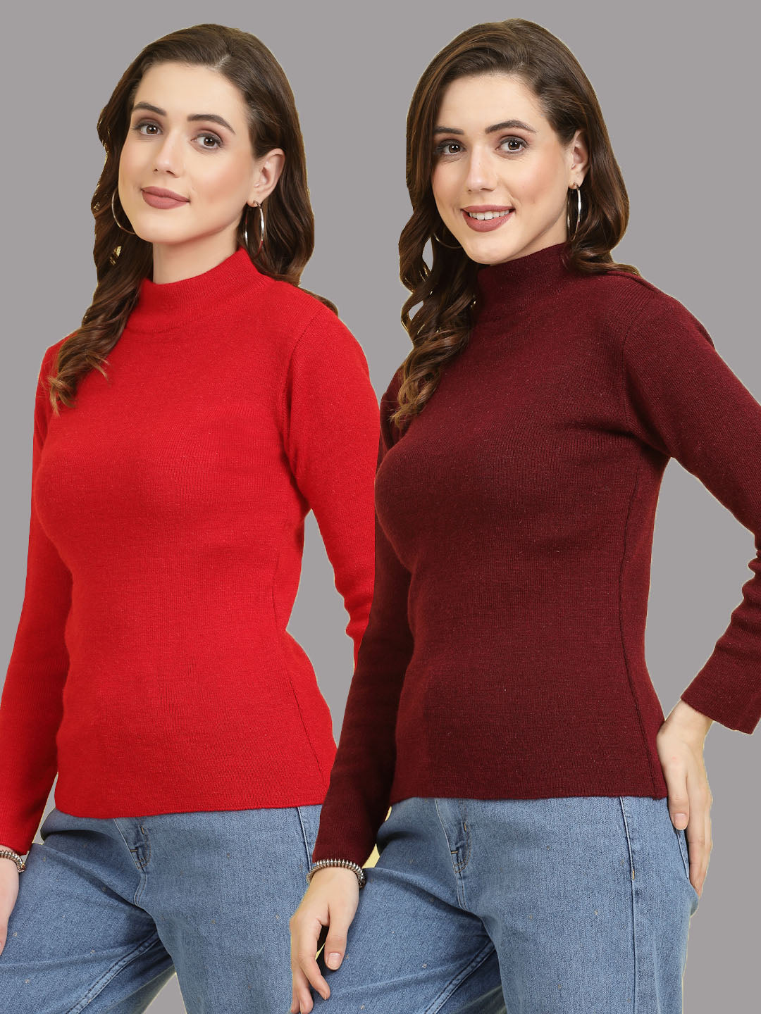 Solid highneck full sleeve woolen casual tops pack of 2 in red and maroon.