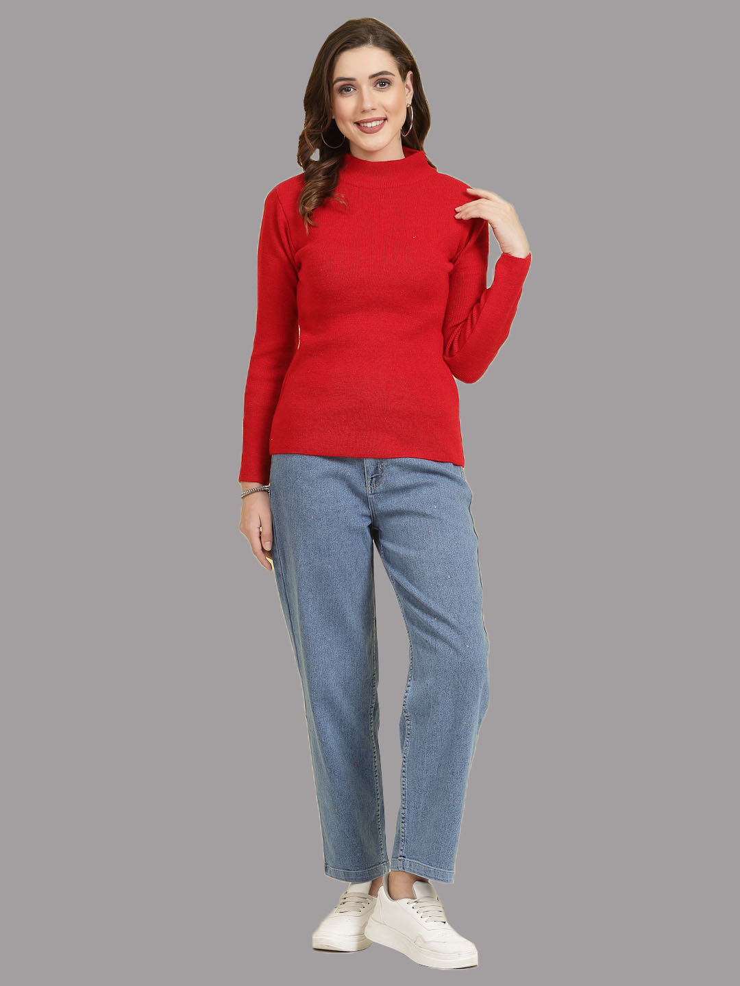 Solid highneck full sleeve woolen casual top pack, featuring a red and blue design.